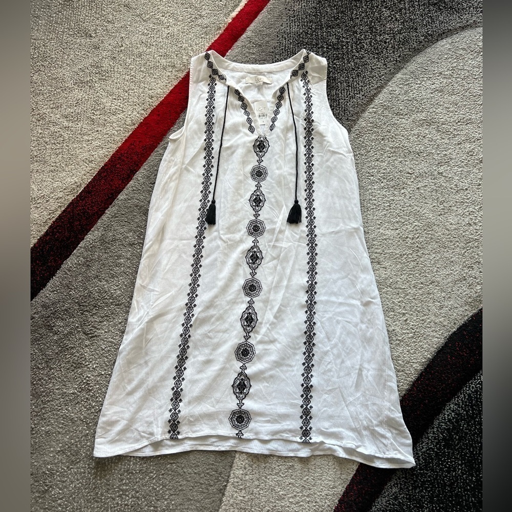 LOFT White Gauzy Black Embroidered Boho Shift Dress